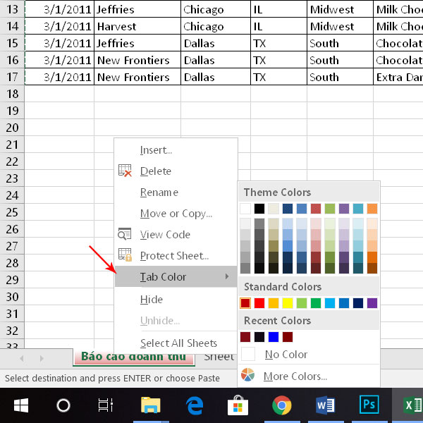 đổi màu các sheet trong Excel