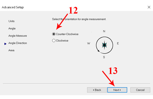Chọn chiều dương khi đo góc là chiều ngược kim đồng hồ “Counter Clockwise” rồi nhấn Next