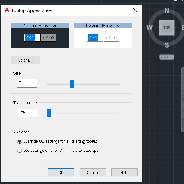 Drafting Tooltip Appearance: kích hộp này sẽ hiện ra bảng cài đặt cho hộp thoại tooltip (như hình dưới)